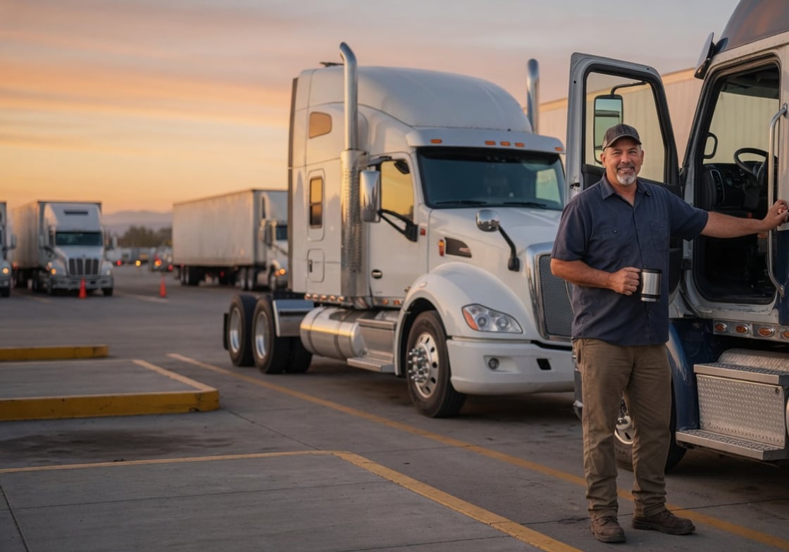 Truck driver standing proudly beside his rig at golden hour